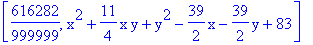 [616282/999999, x^2+11/4*x*y+y^2-39/2*x-39/2*y+83]